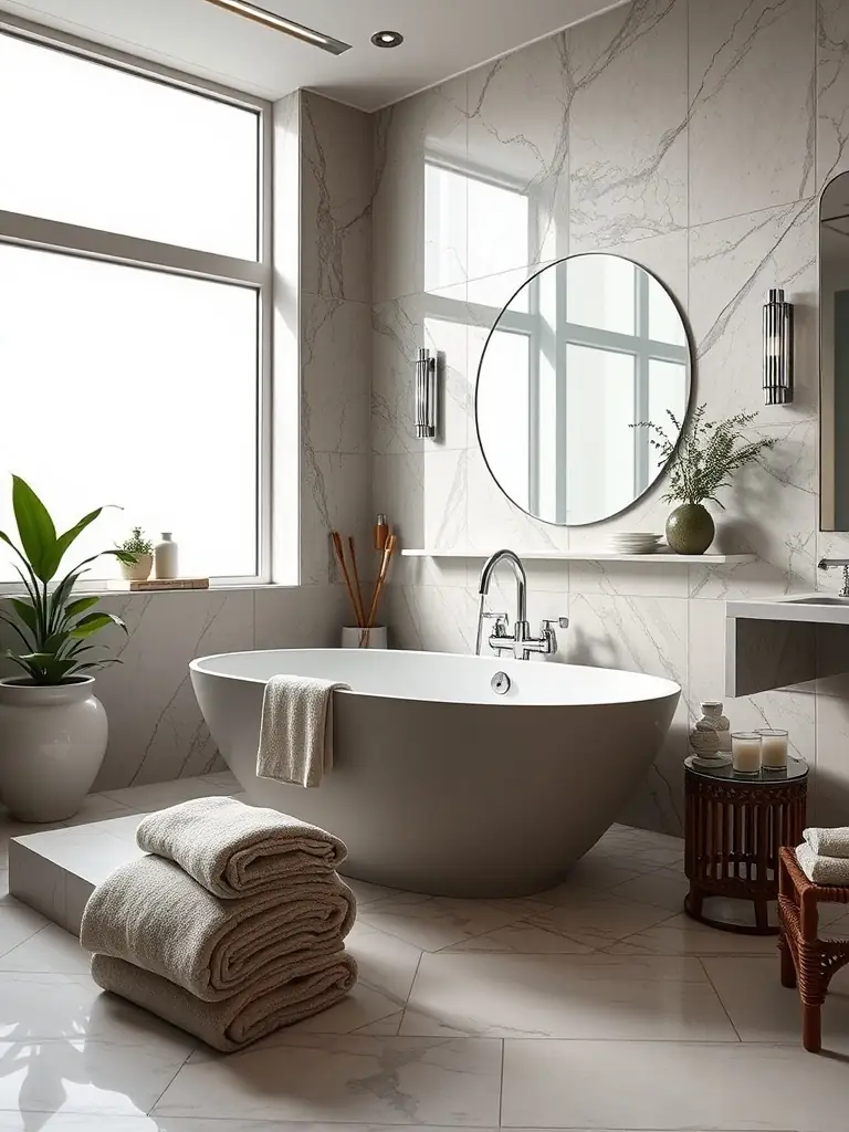 A luxurious bathroom featuring a walk-in shower, soaking tub, and elegant tile work, highlighting a bathroom remodel completed by Renovate In Florida.